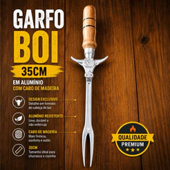 Garfo para Churrasco Boi 35cm Em Alumínio Cabo Madeira