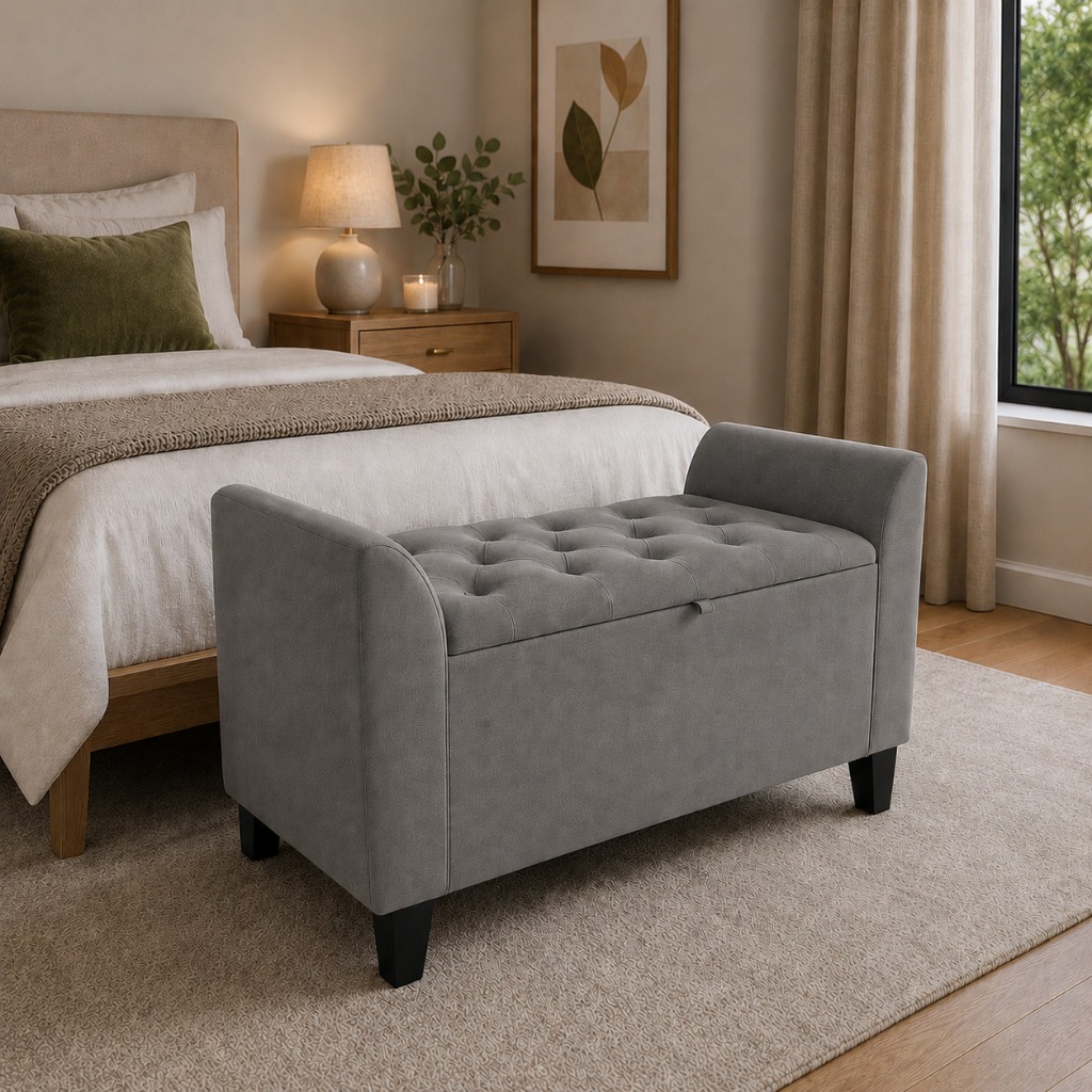 Recamier Baú Barcelona Estofado Pé de Cama Solteiro 90cm Madeira Organizador Sofisticado