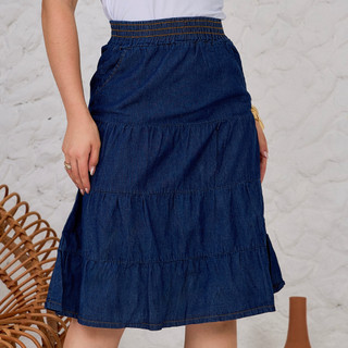 Saia Jeans Midi Feminina Godê Com Elástico Na Cintura