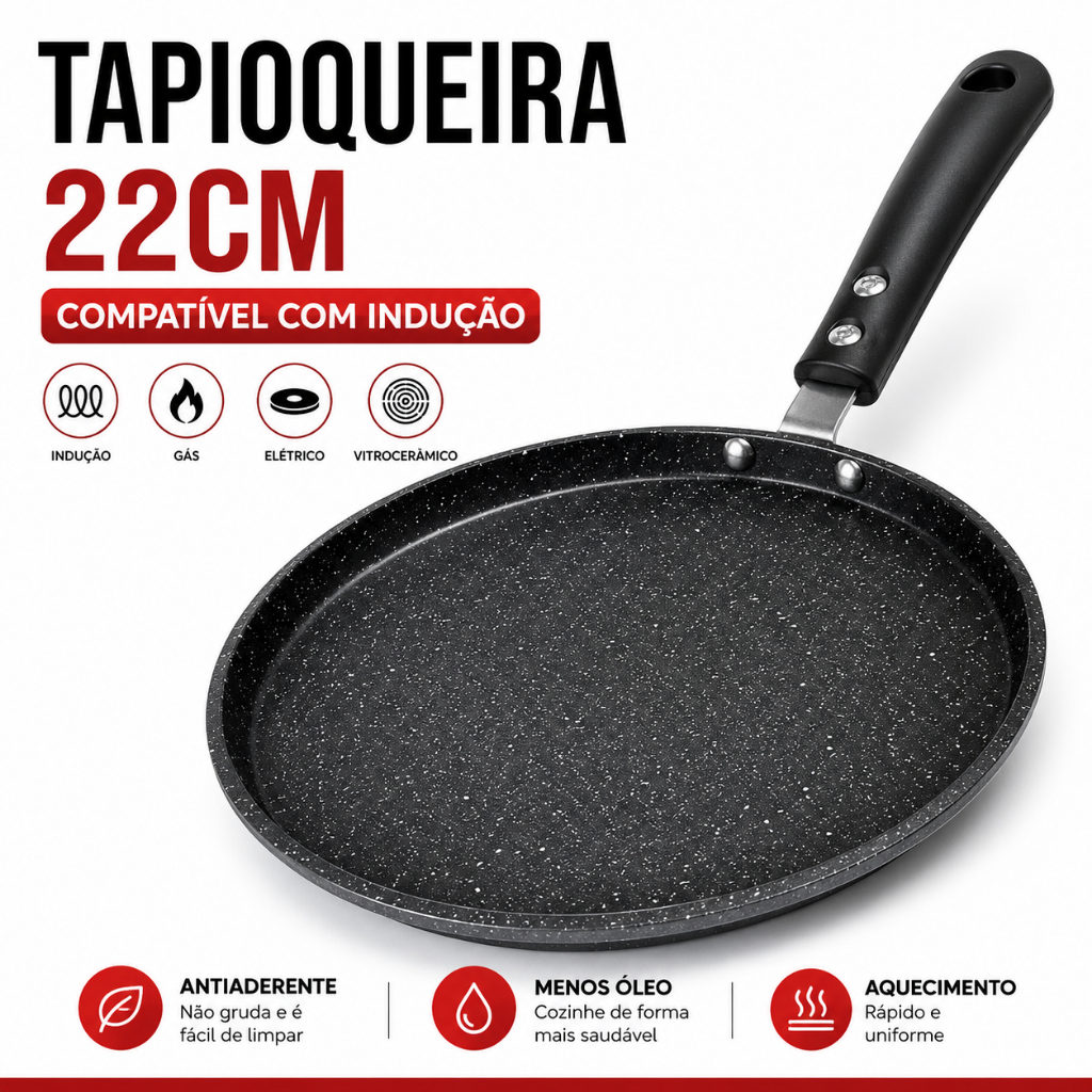 Frigideira Tapioqueira Panquequeira 22cm Antiaderente Indução Gás Elétrico Aluminio Preta Techflon