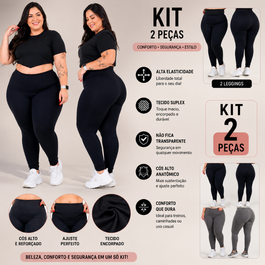 Kit 2 Leggings Plus Size Feminina Suplex Cós Alto Não Transparente Academia Caminhada Fitness G1 ao G3 Dia a Dia