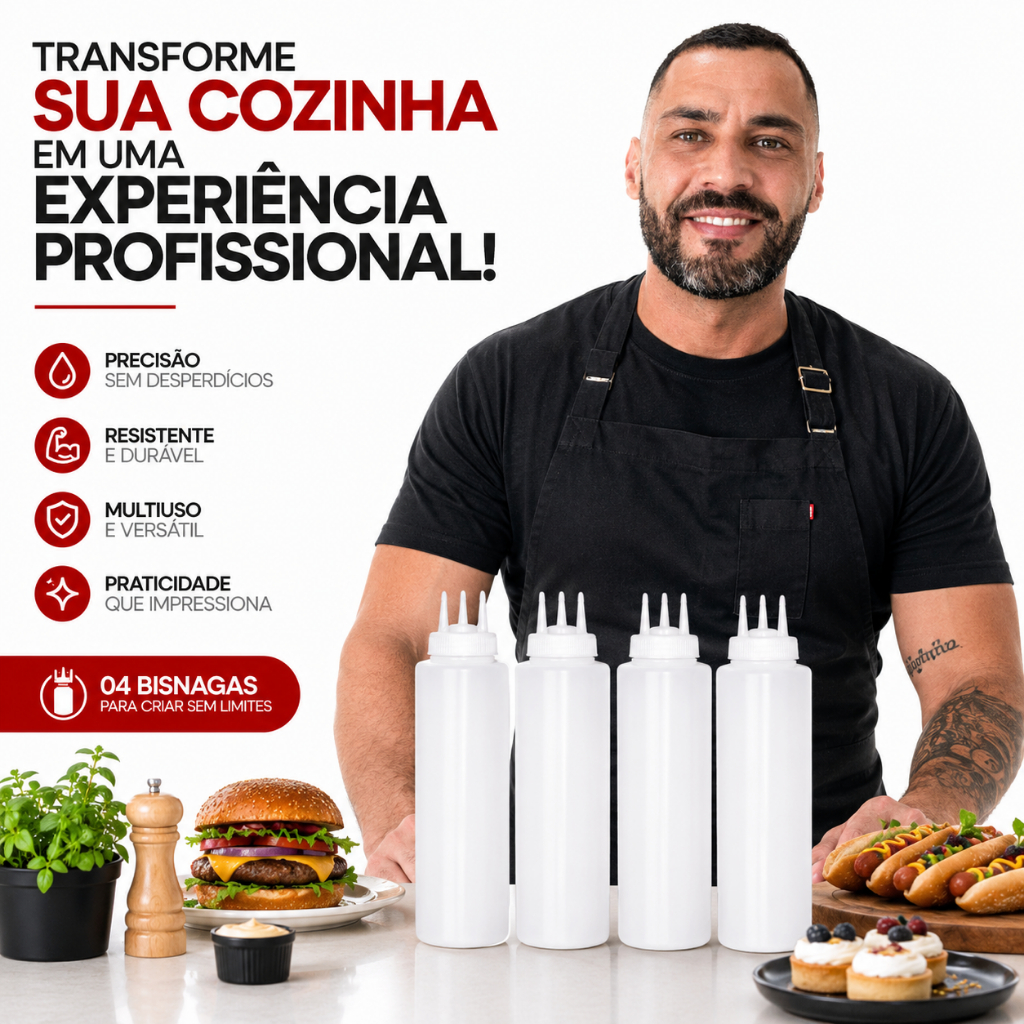 Kit 4 Bisnaga de Bico Triplo 3 Bicos Profissional Buffet 1 Litro  Graduada Confeiteiro Molhos Caldas Ketchup