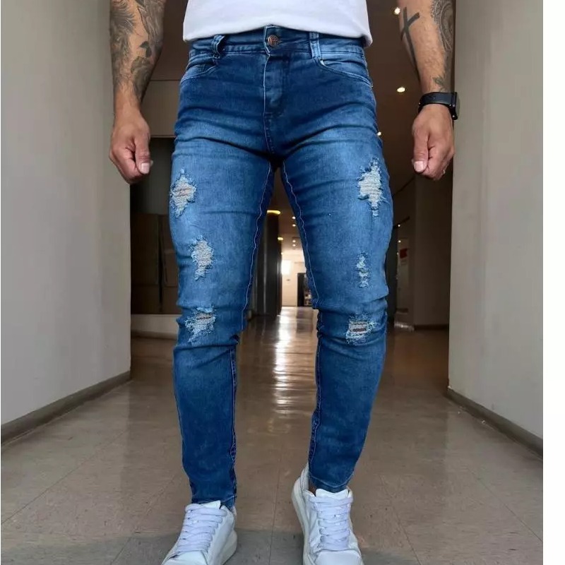 Calça Masculina Jeans Skinny Premium Lycra Elastano rasgada clara