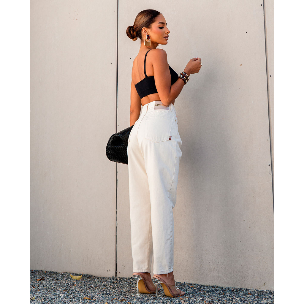 Detalhes do Calça Jeans Feminina Mom Off-White Cintura Alta 100% Algodão - Consciência Jeans 25527