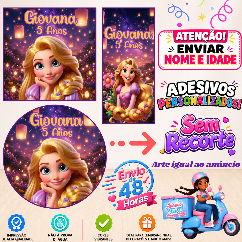 Rapunzel - 100/60/40 Adesivos Personalizados Lembrancinhas Festa Aniversário