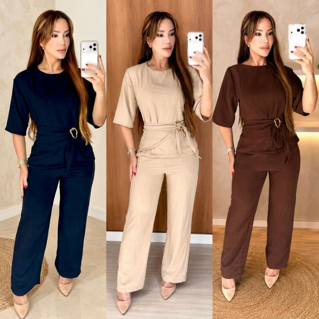 Conjunto Feminino Calça Pantalona E Blusa Inverno Elegante