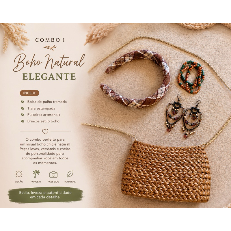 BRECHO KIT/COMBO bolsa de capim dourado + tiara + brinco + pulseiras