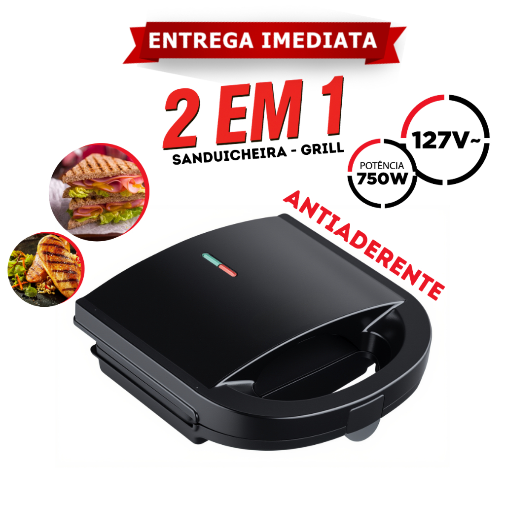 Sanduicheira Elétrica Preta 127v Antiaderente 750w de Potência