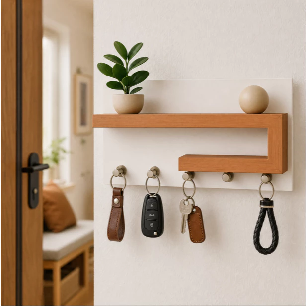 Porta Chaves Organizador com Prateleira Decorativa – Design Moderno em MDF | Branco + Freijó | Freijó + Branco | Branco