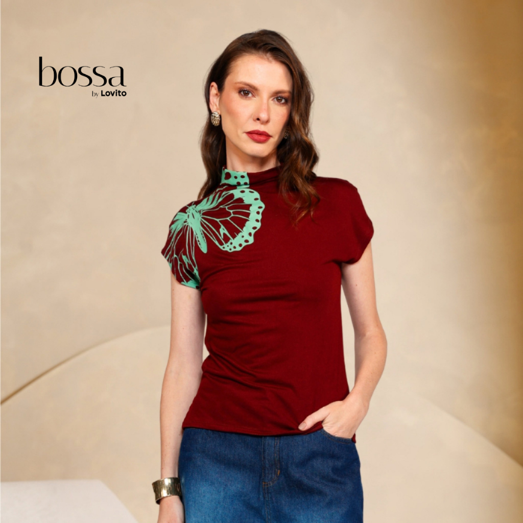 Lovito Bossa Blusa Feminina Gola Média Com Estampada de Borboleta BLB18861916