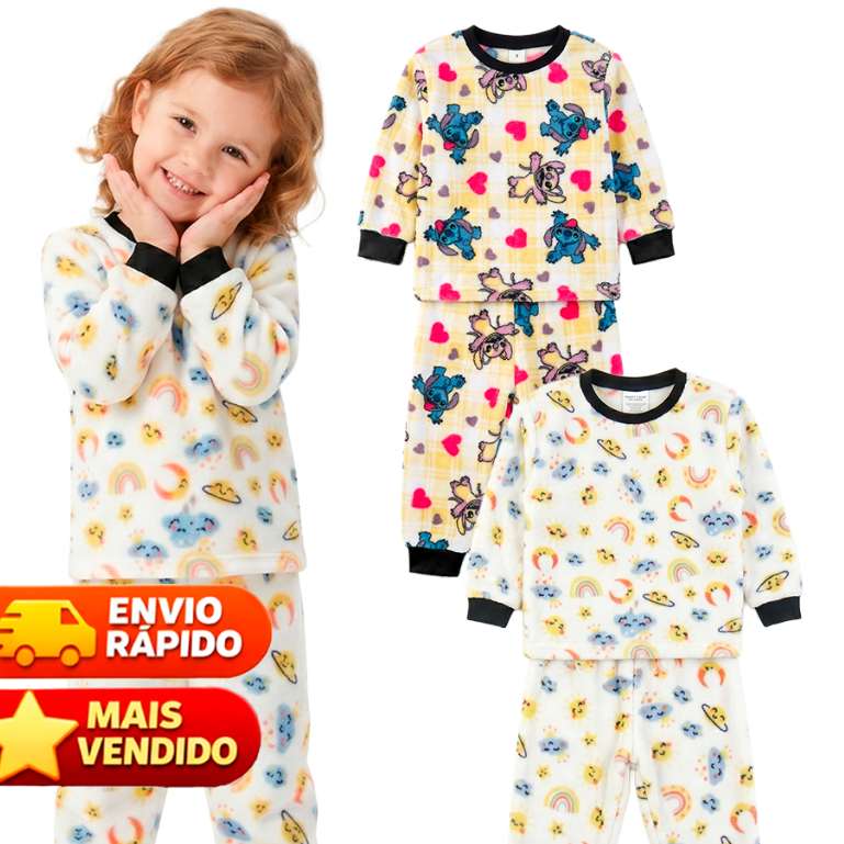 Kit 2 Peças Pijama Peluciado Infantil Menina - Quentinho e Aconchegante - 1 a 9 anos - Estampas Divertidas
