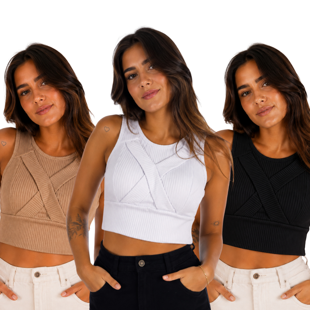 Kit 3 Cropped Top Canelado Feminino Transpassado Elegante Com Bojo Tecido Confortável