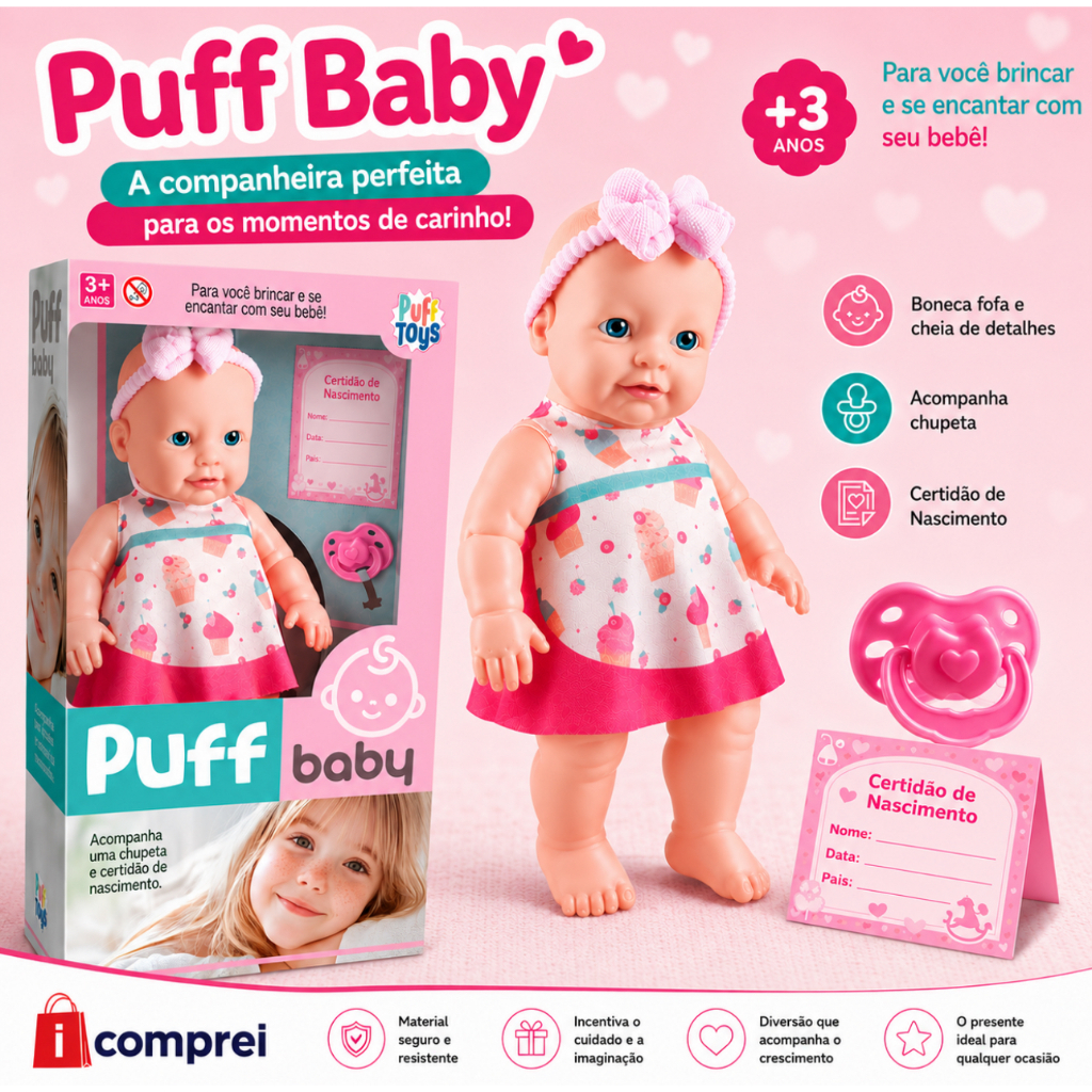 Boneca Puff Baby Com Chupeta E Certidão De Nascimento Rosa Menina Brinquedo Infantil Bebê