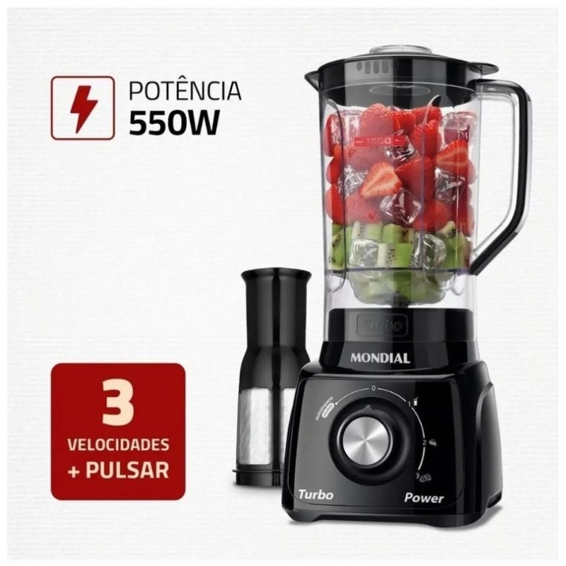 Liquidificador Mondial Turbo Power 550W L-99 FB 2,2L Com Filtro 3 Velocidades Preto 110V