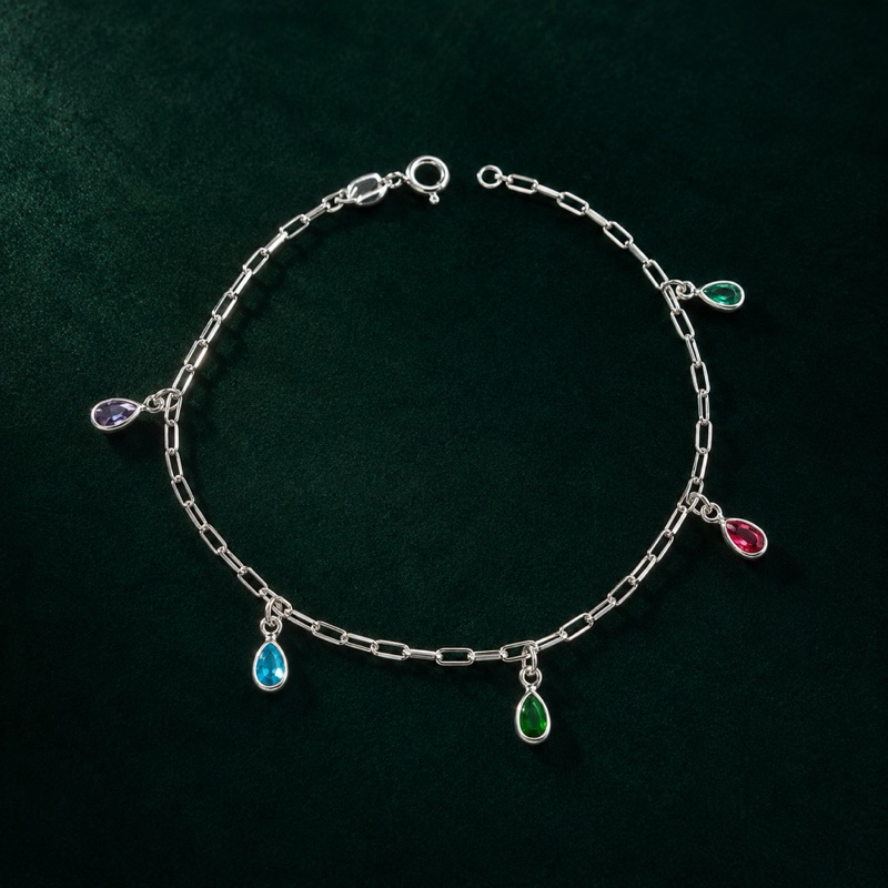 Pulseira Prata 925 Legítima com Gotas Coloridas Delicada e Elegante
