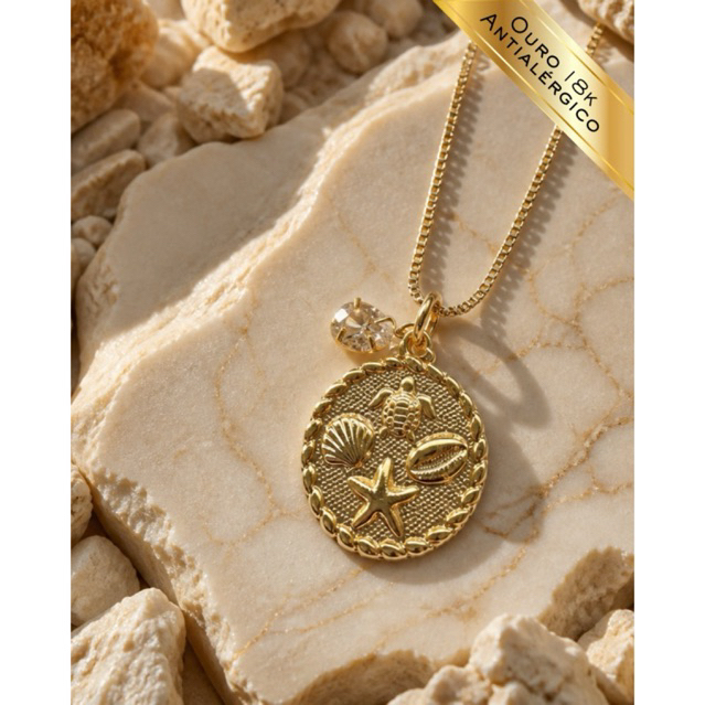 Colar Mar Dourado Praia Com Pingente Concha Estrela do Mar Búzios Tartaruga Detalhe com Ponto de Luz Banho de Ouro 18k