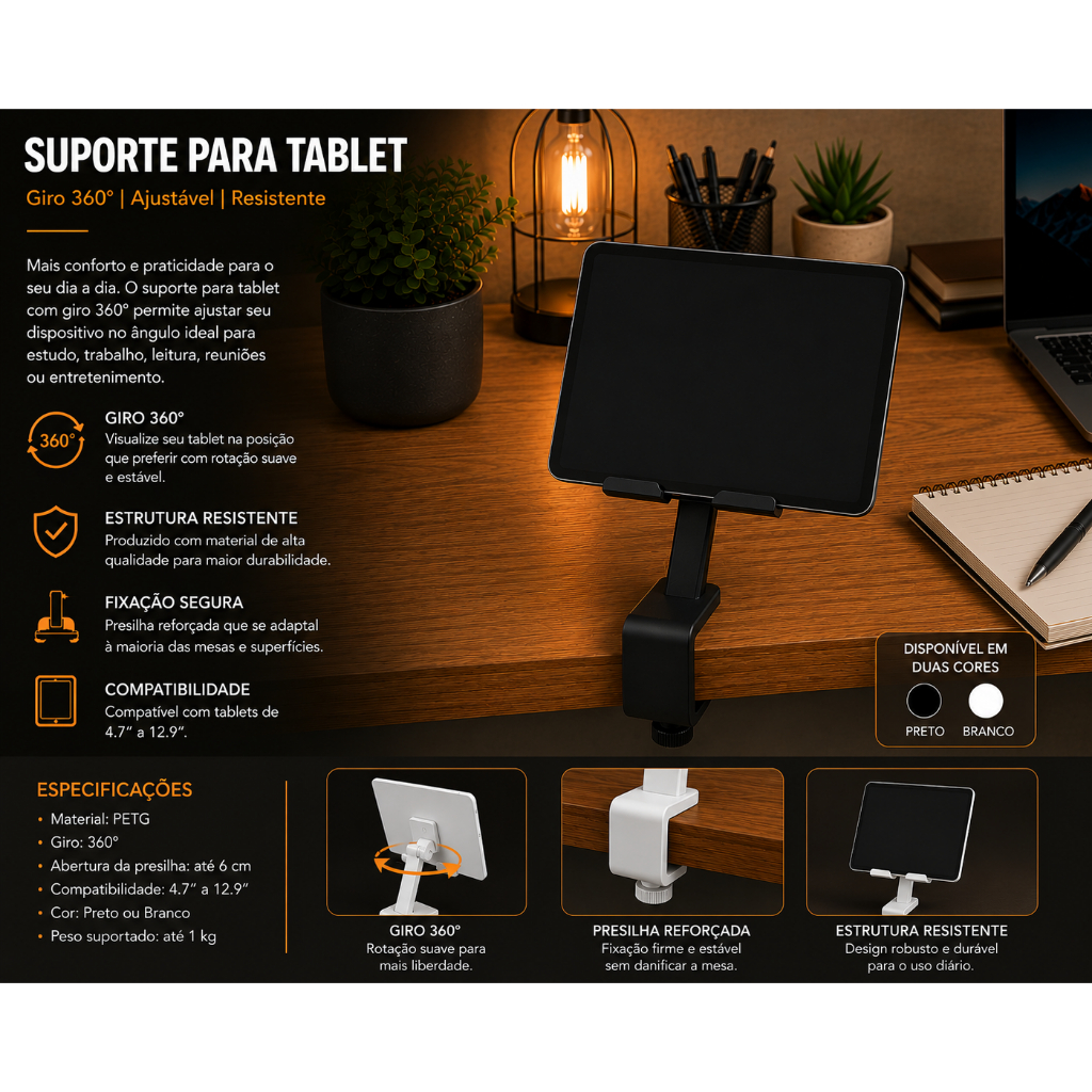 Suporte para Tablet e Monitor Portátil 360° – Giratório, Resistente em PLA | Ajustável