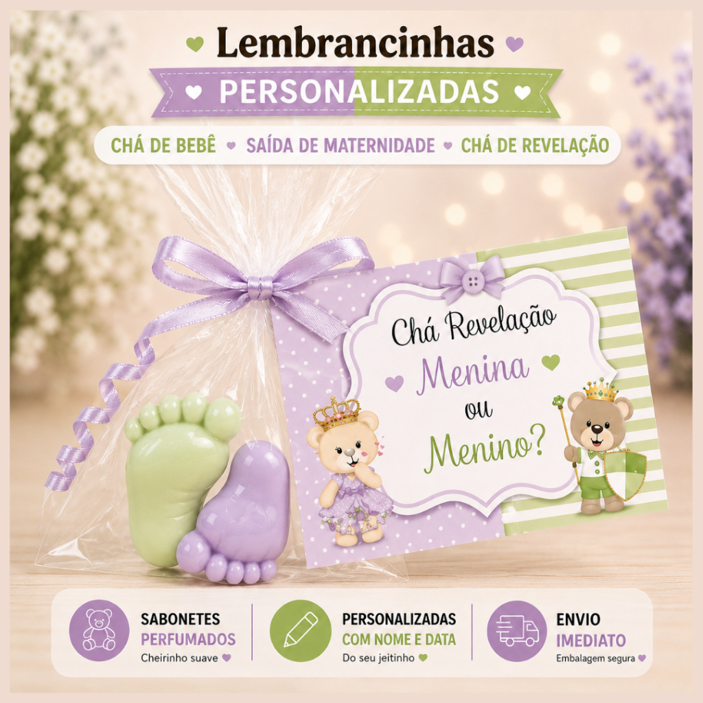 300 Mini Pezinhos de Sabonete Personalizado para Chá de Bebê - Ursinha Princesa 150 pares