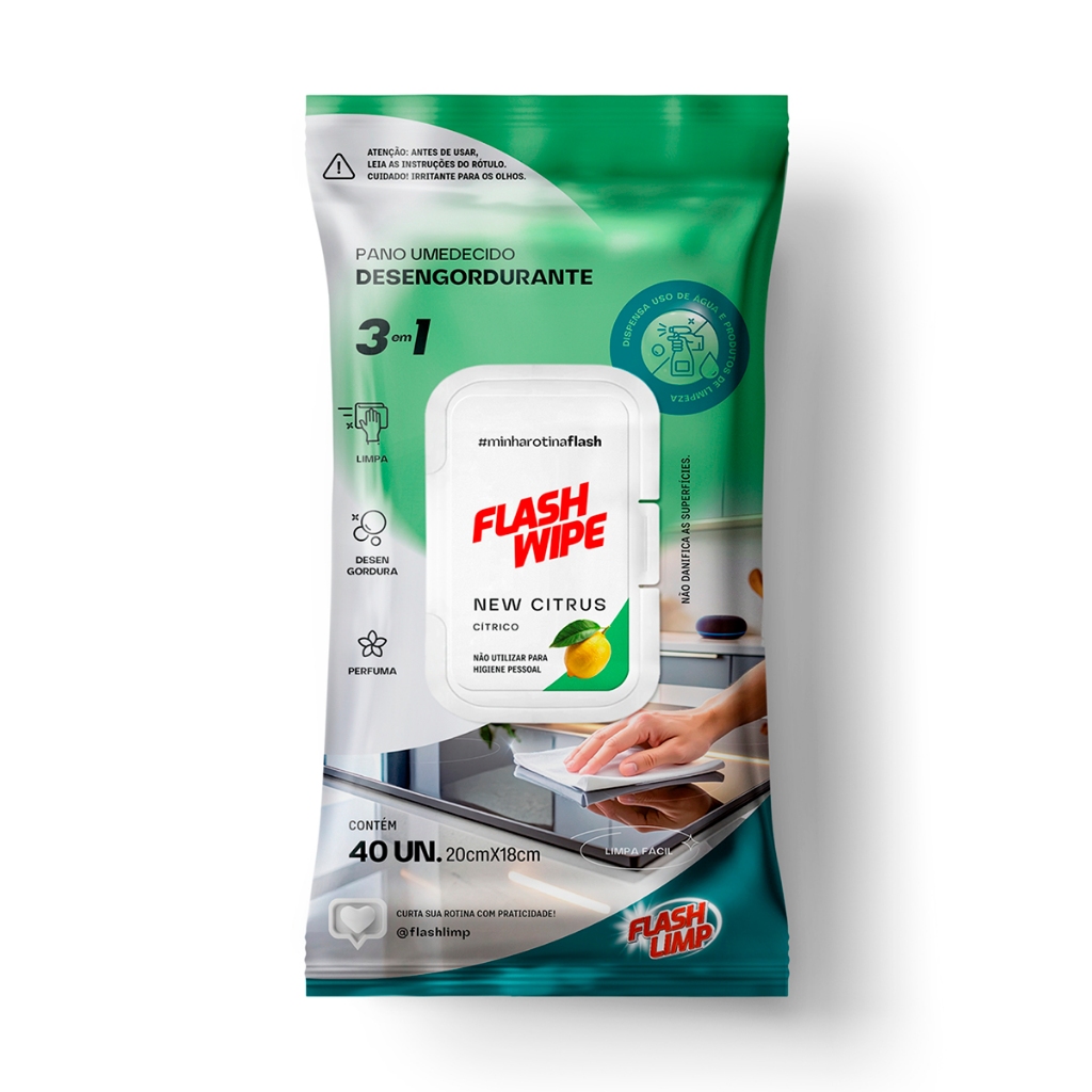 Lenço Umedecido Flash Limp Desengordurante 40 Unidades Limpeza Multiuso Remove Gordura e Sujeira