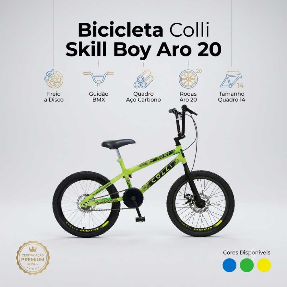 Bicicleta Colli Skill Boy Freio Disco Aro 20 Quadro 14 Cores Azul / Amarelo / Verde
