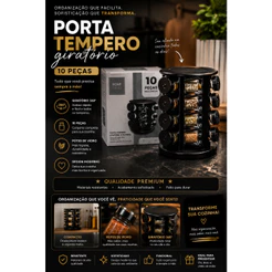 Porta Temperos Giratório 360° com 9 Potes de Vidro e Base Organizadora Kit 10 Peças CHARMOSO