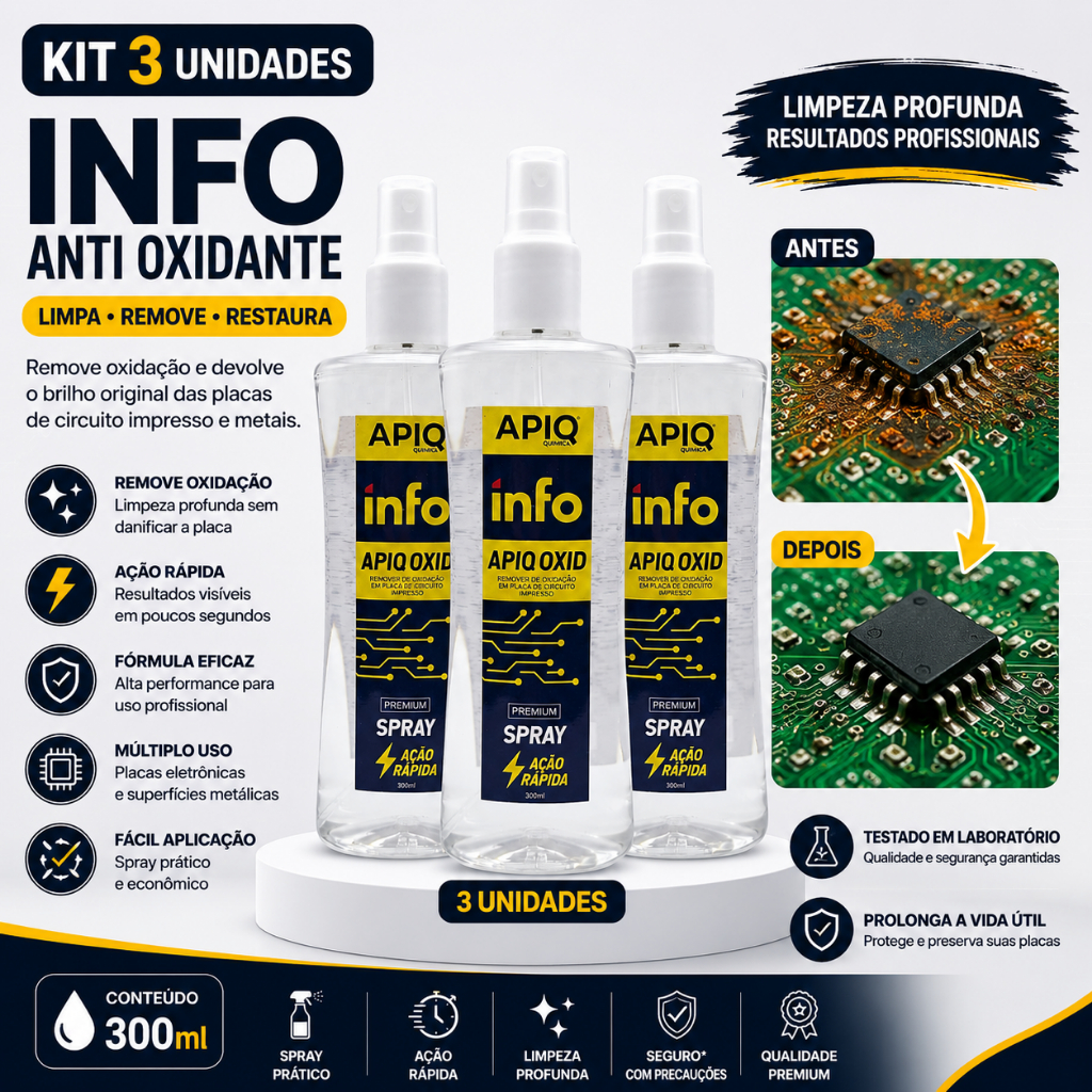 Kit 3x Info Anti Oxidante 300ml Apiq Química | Remove Oxidação de Placas Eletrônicas | Total 600m