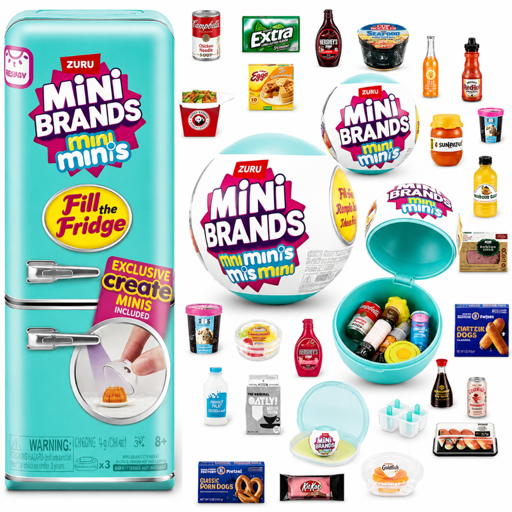 Mini Geladeira Mini Brands Com 2 Bolas Surpresa + Luz LED/UV Geladeira Colecionável Com Miniaturas Realistas