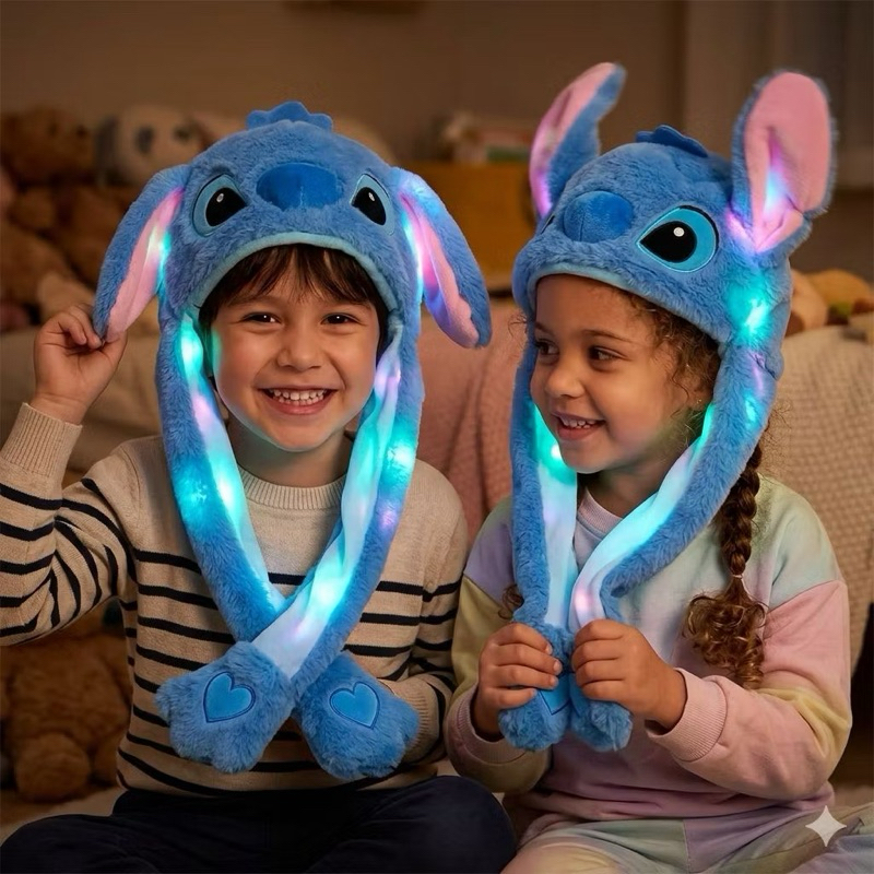 Touca Bichinho LED Orelha que Mexe Stitch Panda Capivara Infantil Adulto