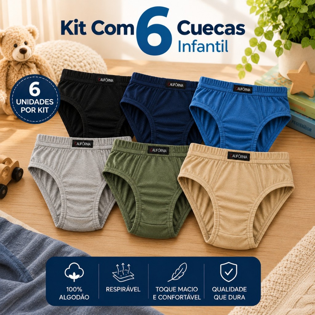 Kit 6 Cuecas Infantis Califórnia Menino 100% Algodão Cores Sortidas