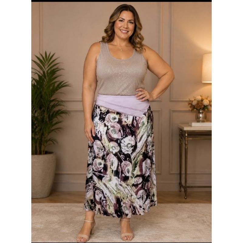 saia de liganete floral com pala na cor cinza( plus size )