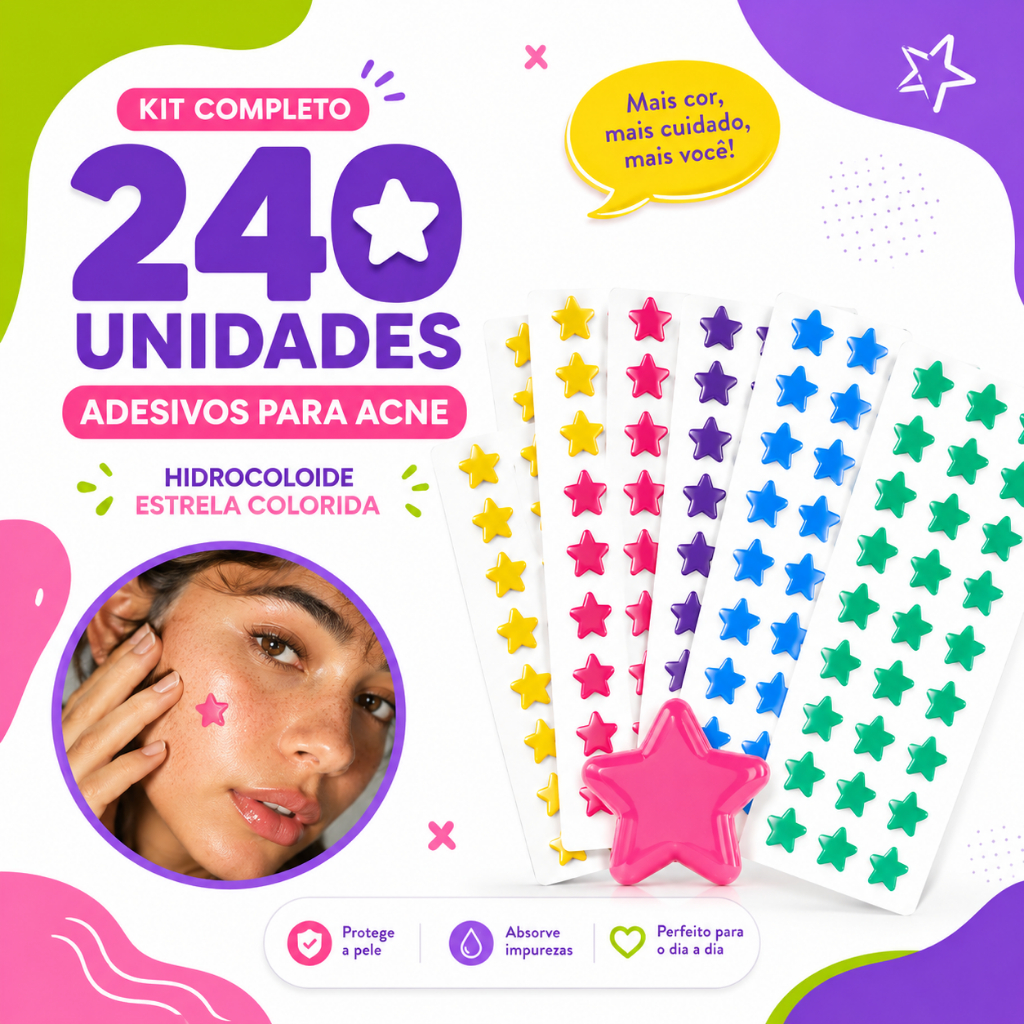 Kit Adesivo Seca Espinha Formato de Estrela Anti‑acne  Proteção Dia e Noite Secativo Inflamada
