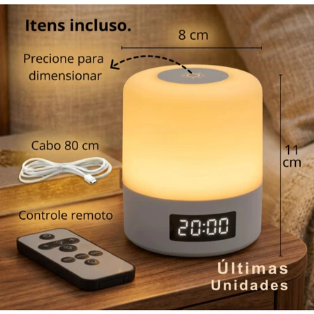 Luminária de Mesa LED Recarregável com Relógio Digital e Controle Remoto, Abajur Touch Dimerizável Sem Fio Portátil — imagem 2 de 2