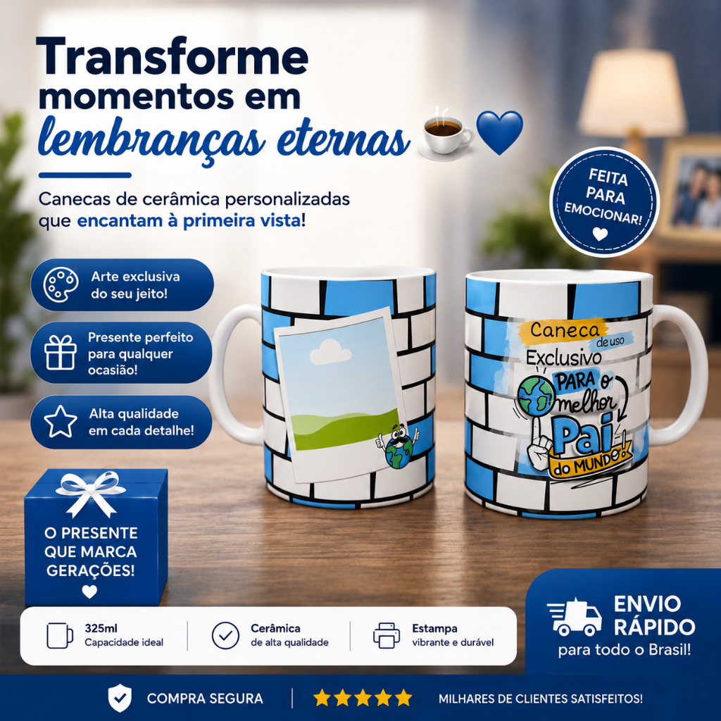 Caneca Personalizada Dia dos Pais com Foto e Nome | Presente para Pai | Melhor Pai do Mundo | Caneca de Cerâmica 325ml