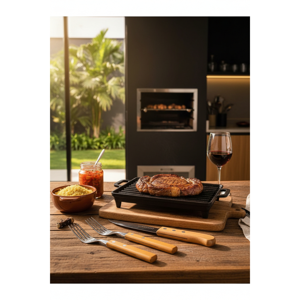 kit churrasco 6 peças, talheres churrasco, bbq inox, faca churrasco, kit grelha, churrasqueiro, madeira inox