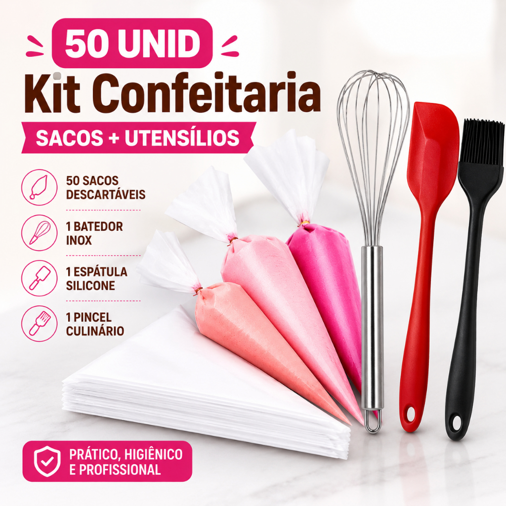 Kit 4 Peças Confeitaria Fouet Espátula Pão Duro Silicone Pincel Saco de Confeitar Profissional Fue