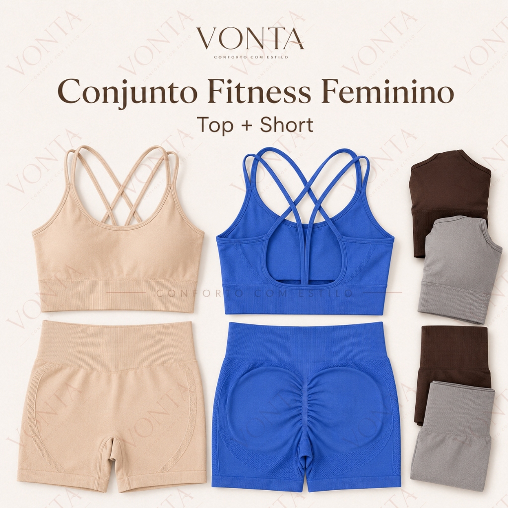 Conjunto Fitness Feminino 2 Peças Top + Shorts Cintura Alta Canelado Alças Cruzadas Academia Yoga Pilates