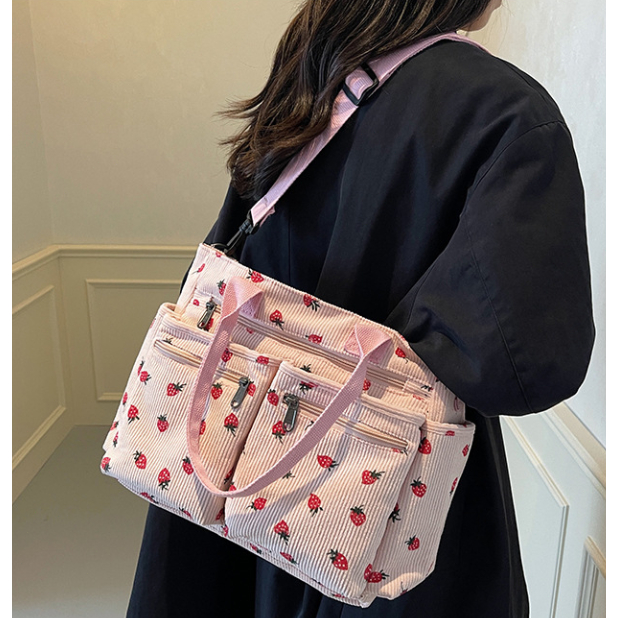 Bolsa Feminina Cotelê Morango Grande Capacidade Multi Compartimentos Ombro Crossbody Trabalho Faculdade