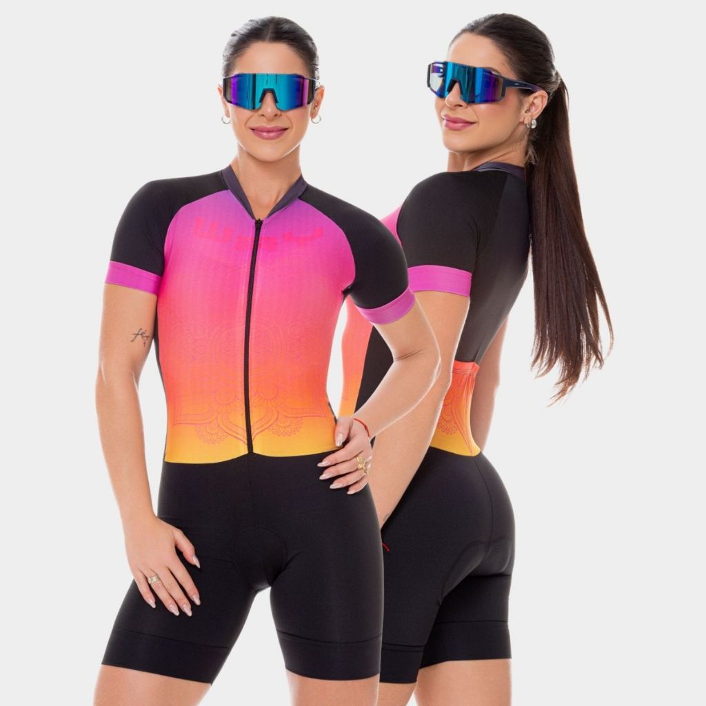 Macaquinho Macacão de Ciclismo Feminino Forro Espuma Mandala Rosa Roupa Bike Pedal Mtb