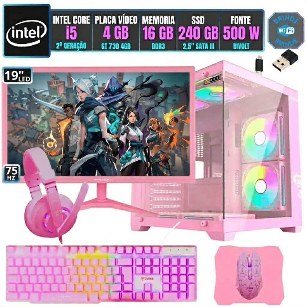 PC Gamer Computador Completo Kit Intel i5 Memoria 16GB SSD 240GB Placa Vídeo 4 Monitor 19 Combo Rosa