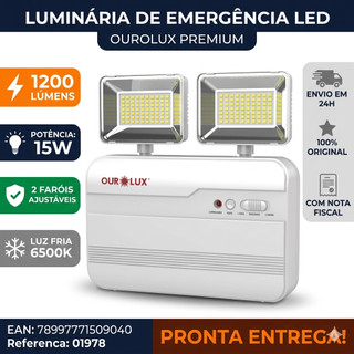 Luminaria De Emergência Ourolux 2 Farois 015W 1200lm Bivolt Bloco Autônomo Iluminação Segurança Comercial Prédio