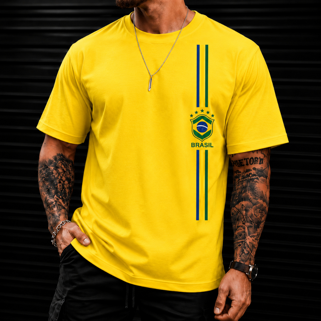 Camiseta Masculina Brasil 100% Algodão Fio 30.1 Camisa Confortável Premium Gola Redonda Copa do Mundo