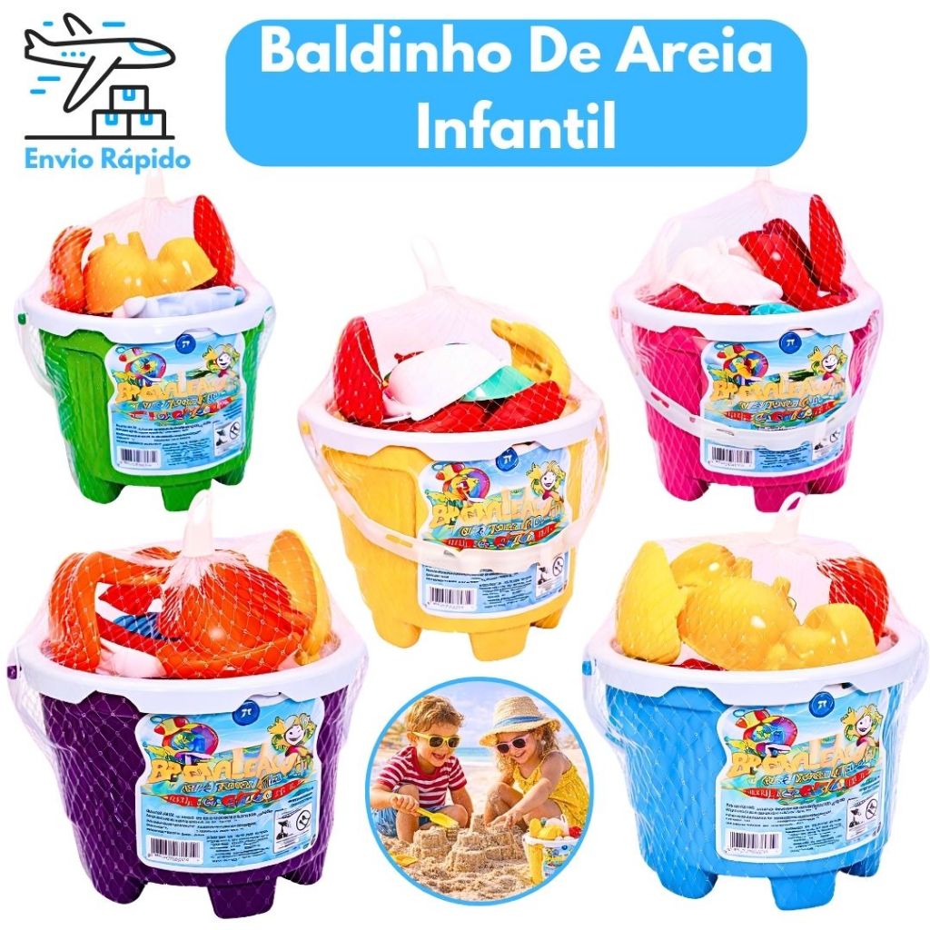 Baldinho de Praia Infantil com 6 Acessórios Kit Castelo de Areia com Pá e Forminhas de Bichos