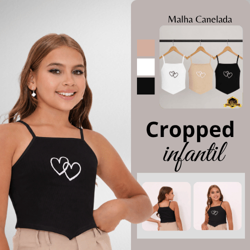 Cropped Infantil Regatinha com Estampa Coração Confortavel de Alça Moda Kids Blusinha Curta