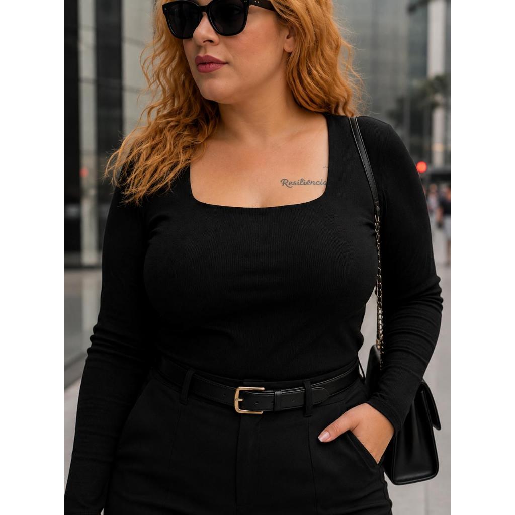 Blusa feminina Plus size manga longa decote quadrado conforto curve curvy alta e