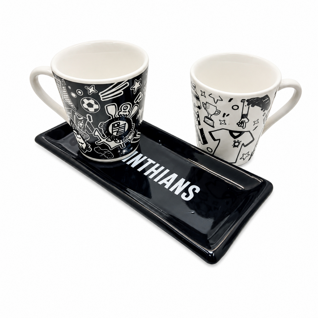KIT XÍCARAS CORINTHIANS OFICIAL COM BANDEJA | 2 XÍCARAS PARA CAFÉ