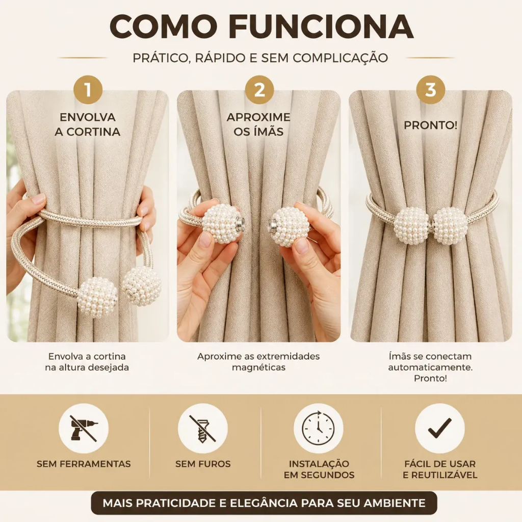 Kit 2 Abraçadeira Magnética para Cortina Premium Moderna Enfeite Pérola Com Imã