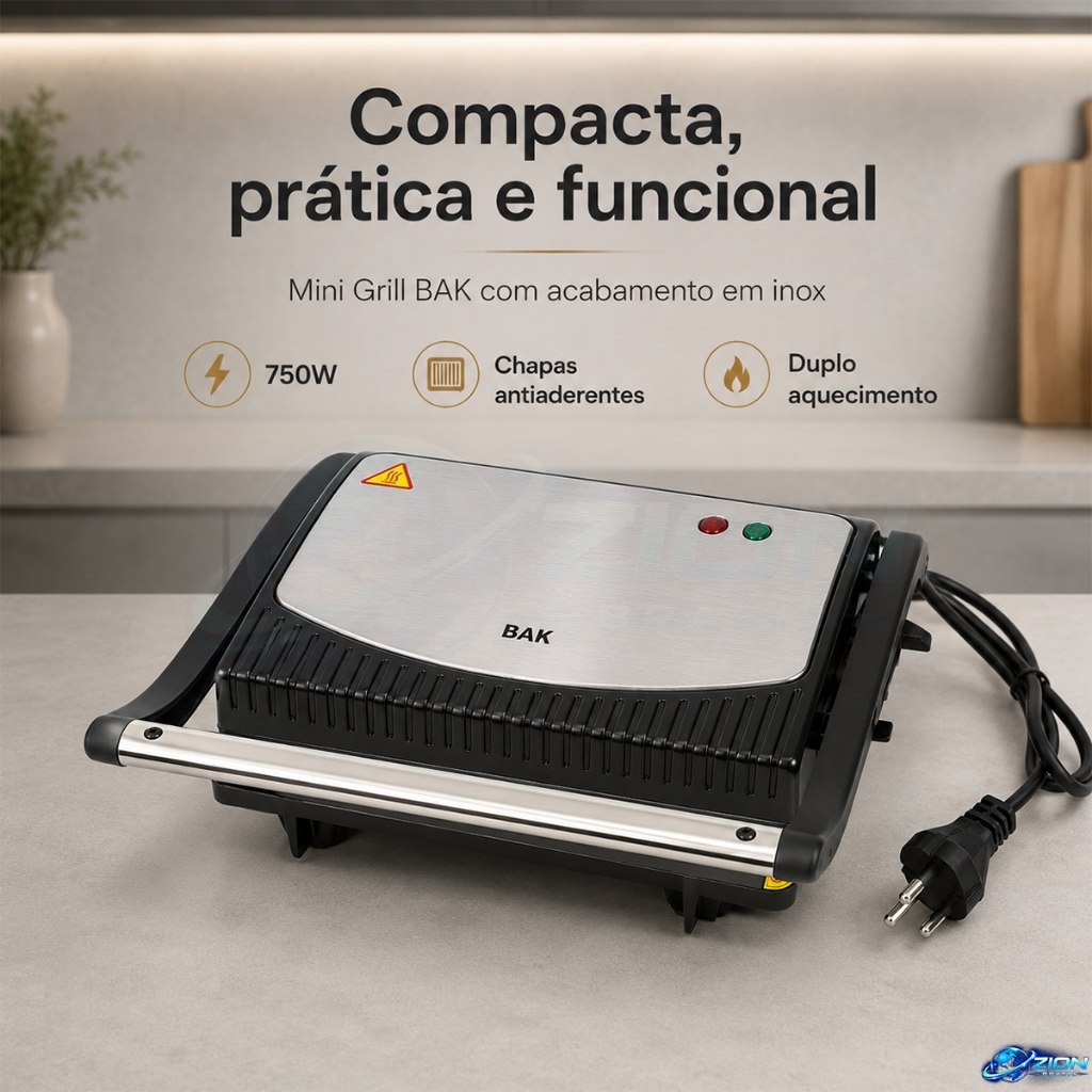 Grill Elétrico BAK 750W Sanduicheira Antiaderente Compacta Para Lanches Quentes Pão Queijo Lancheira