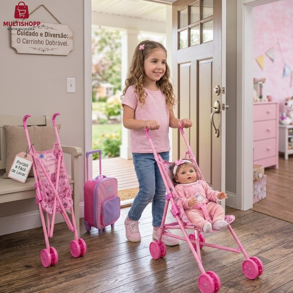 Carrinho de Boneca Infantil Dobrável Rosa - Portátil | Para vários tipos de bonecas | Ideal para brincadeiras e passeios