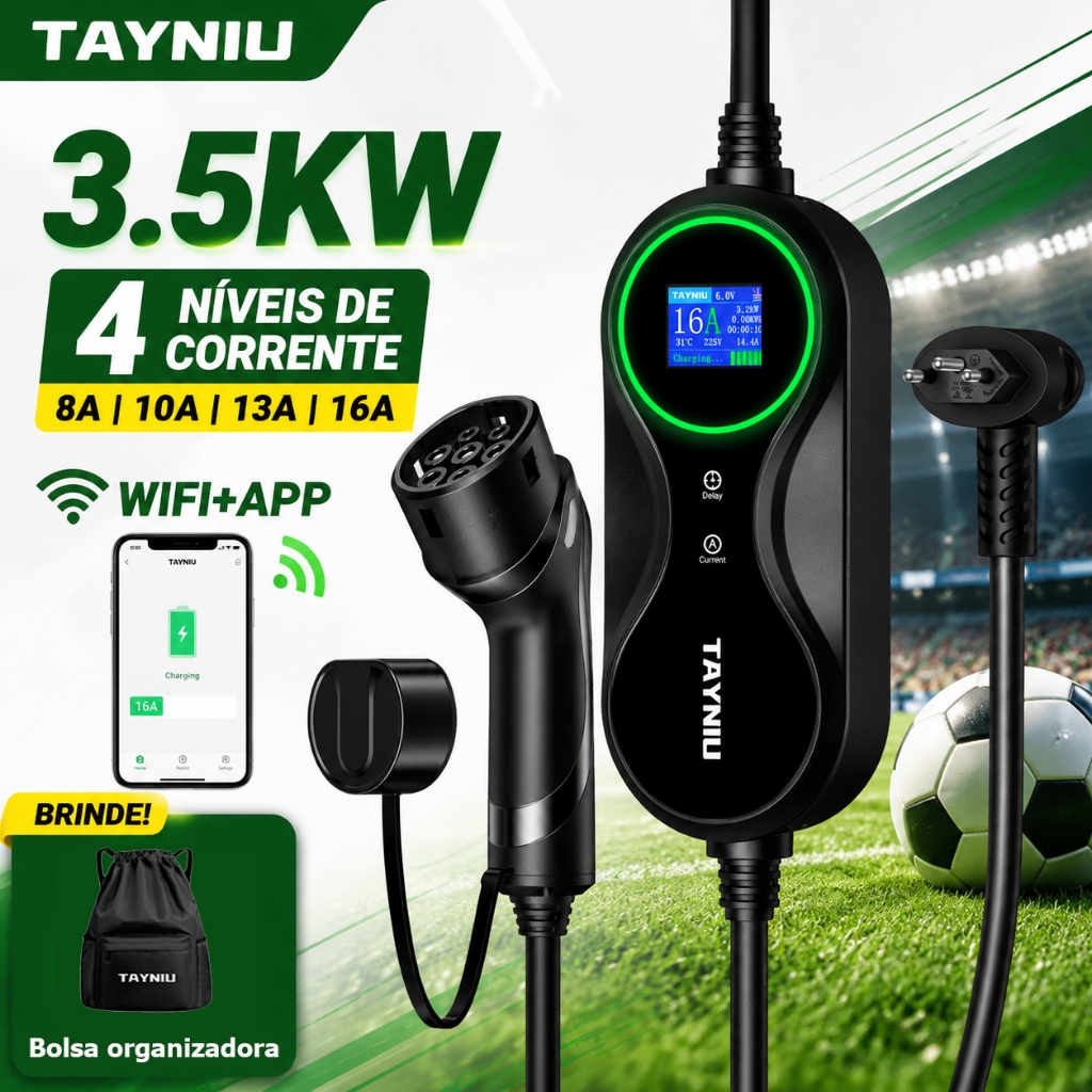 TAYNIU Carregador de Veículo Elétrico 3.5kW 5m Tipo 2 Portátil Compatível com BYD Dolphin, Caoa Chery iCar e Outros