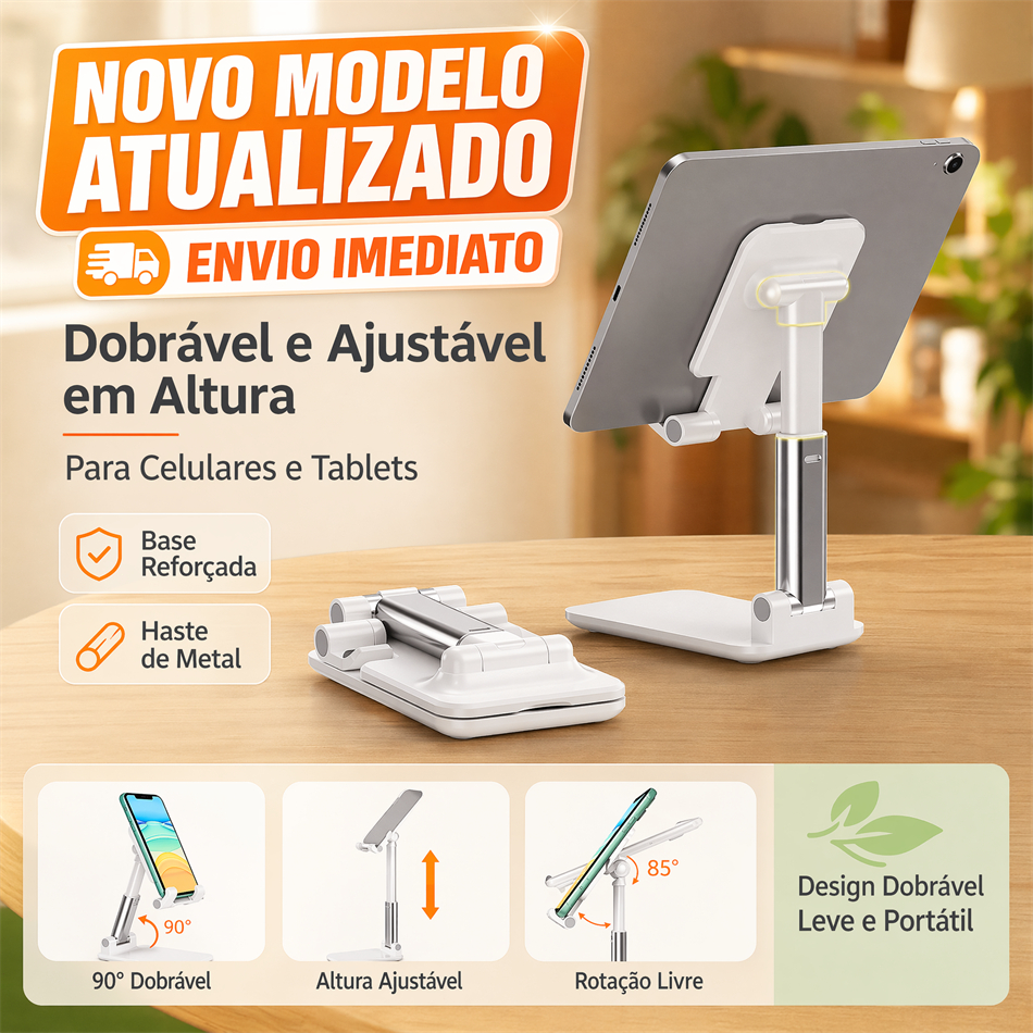 Suporte para Celular e Tablet Dobrável Altura e Ângulo Ajustável Haste Metálica Portátil